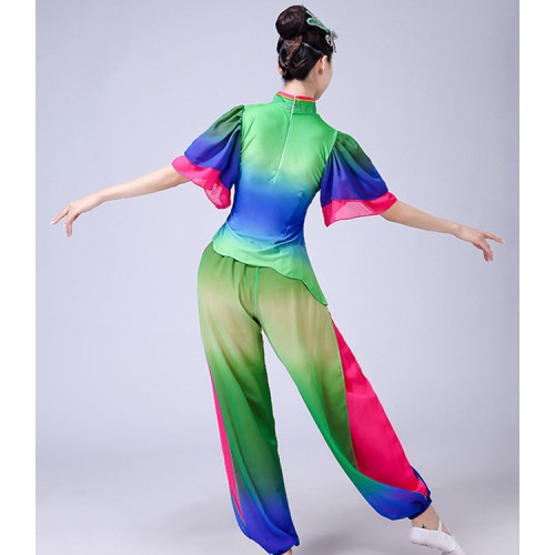 Women's chinese folk dance costumes green colored minority yangko fan square umbrella square dance dresses tops and pants